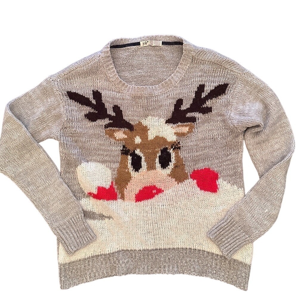 Jolt Reindeer Sweater Women Large Gray Excellent Holiday Festive Knit Pullover